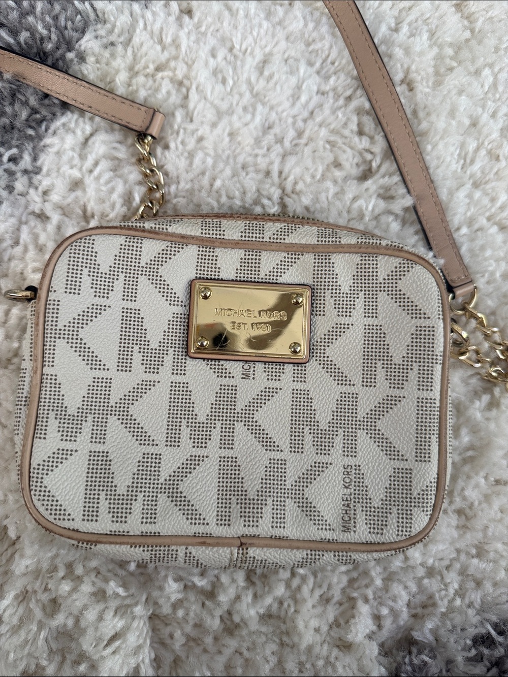 Michael Kors Beige and Gold MK Signature Crossbody Bag